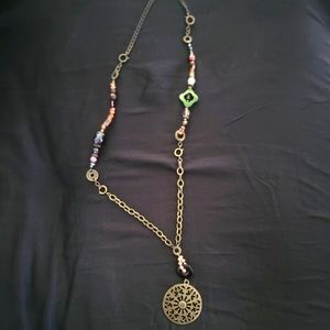 Long bronze colored chain with multicolored beads